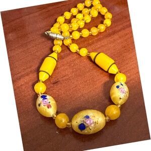 Vintage Yellow Venetian Glass Floral Lampwork Bead Necklace 18"